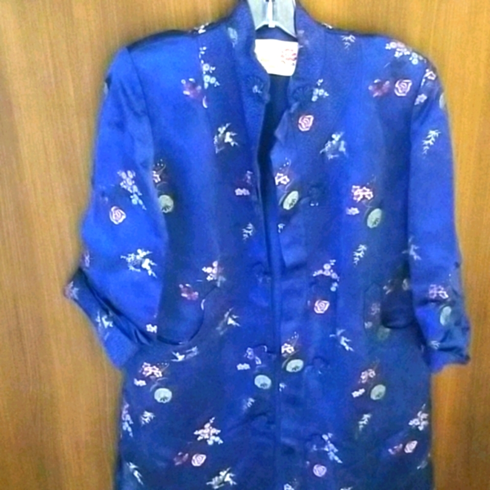 Peony Brand Royal Blue Vintage Floral Silk Robe Size 38